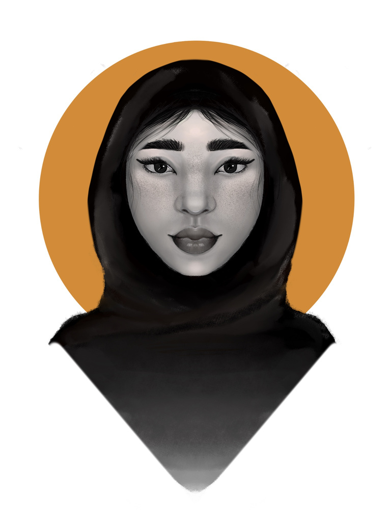 Pictured is a digitally drawn black and white hijabi girl on a white background with a sun behind her