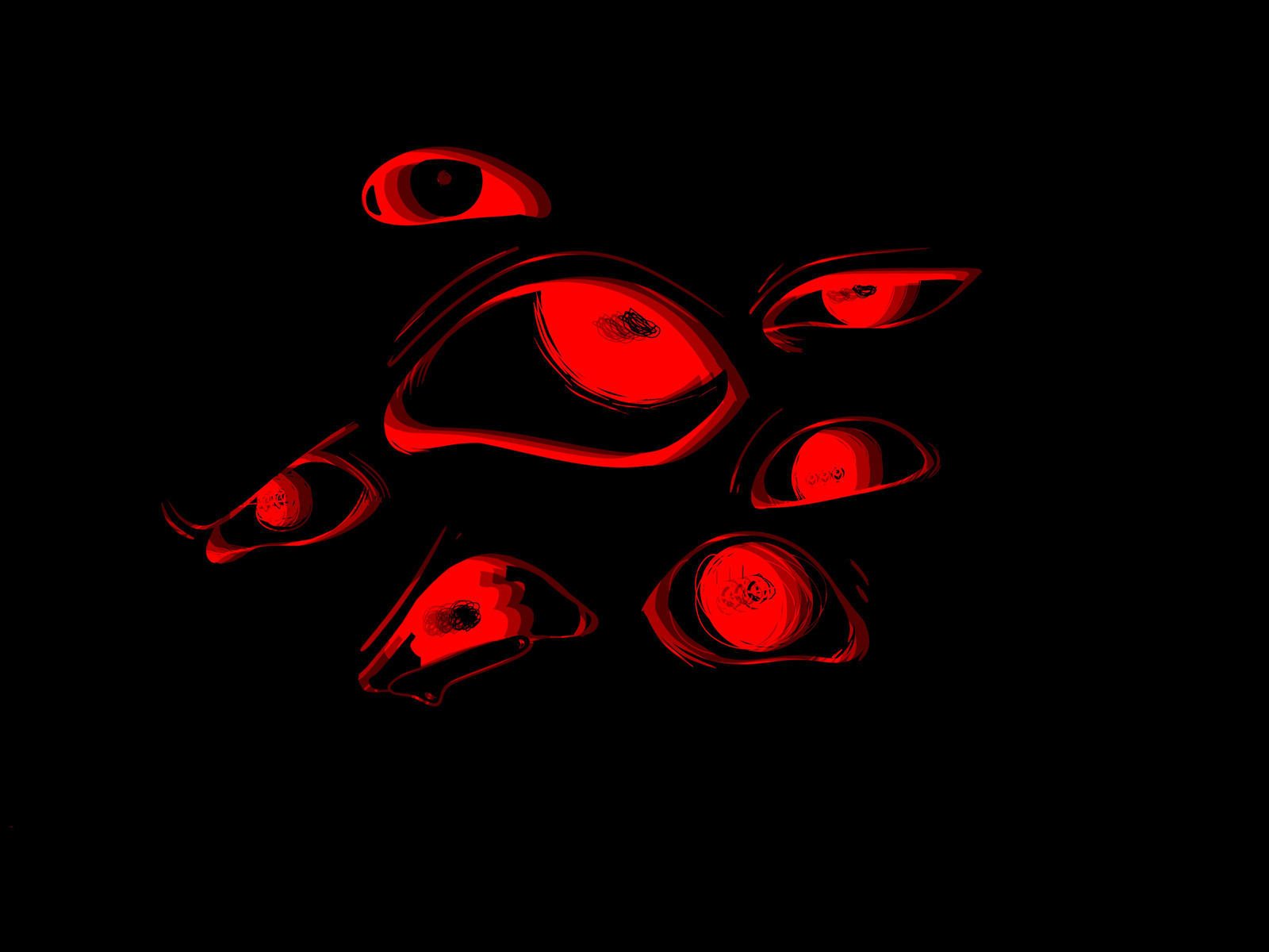 Pictured are seven eyes in red, digitally drawn on a black background